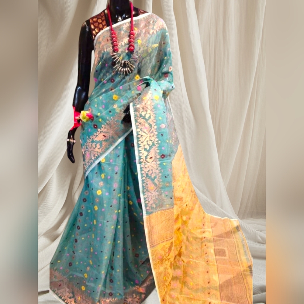 New Dhakai Jamdani zari cotton silk blend saree with Free Gold blouse